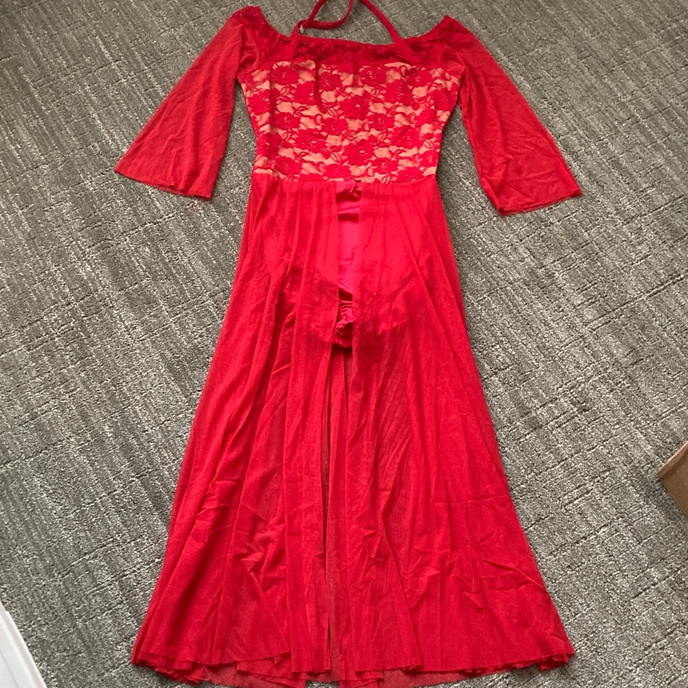 Kelle Red Laced top with Bell 3/4 Sleeves Open Front Dance Costume